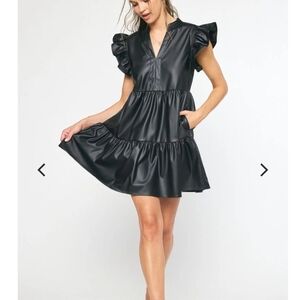 Elegant Black Ruffle Sleeve Dress Faux Leather Entro Dress